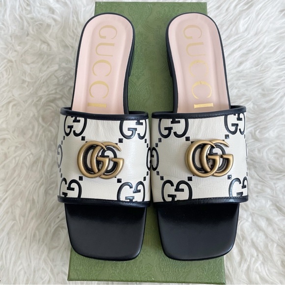 Gucci Jolie GG Marmont Slide Sandal Black White Leather size 39.5 - Picture 1 of 16